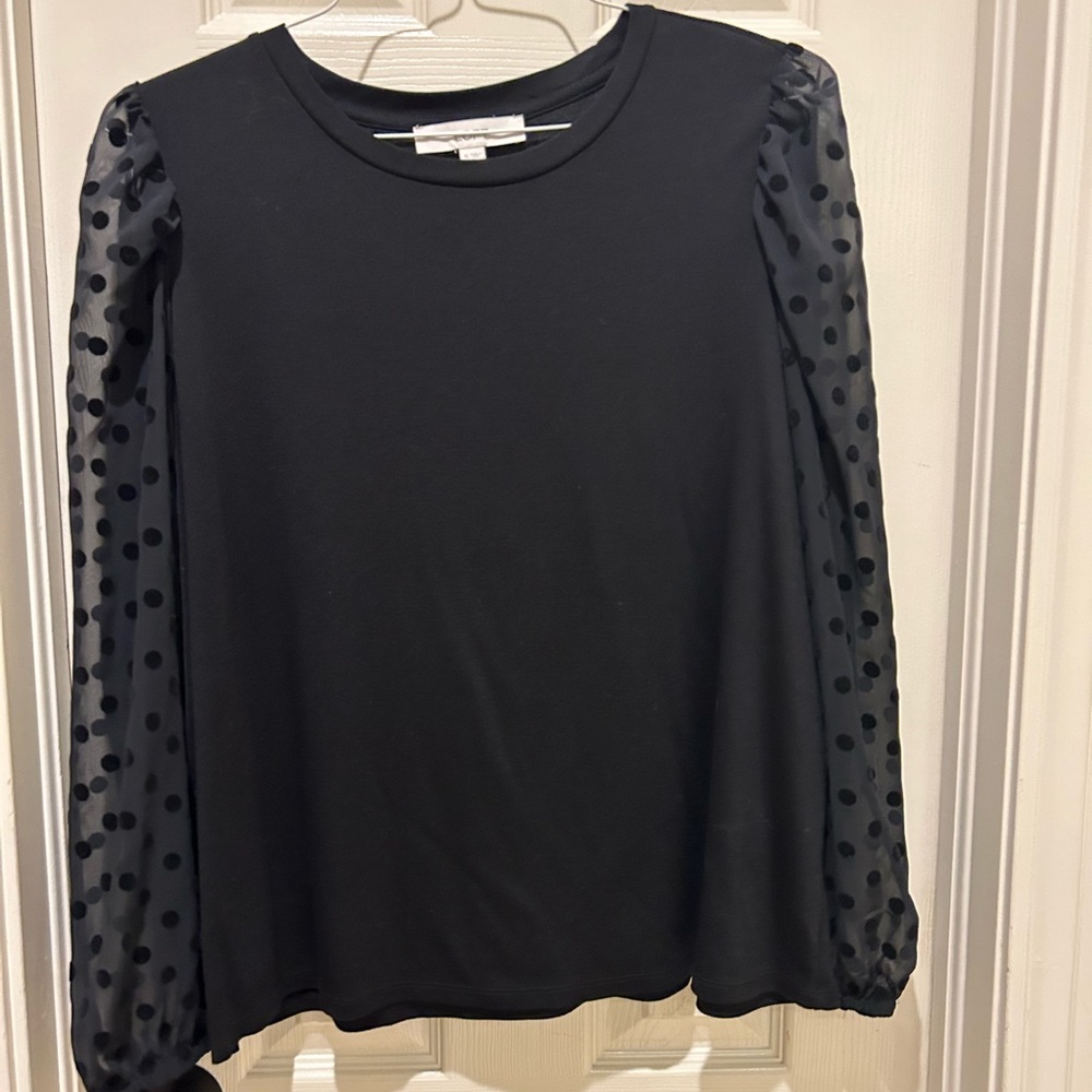 Loft black multimedia top sheer sleeves with velvet dots XL